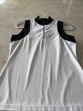 Mock Neck Sleeveless Zip-Front Tank Top in White and Black Golf tank
